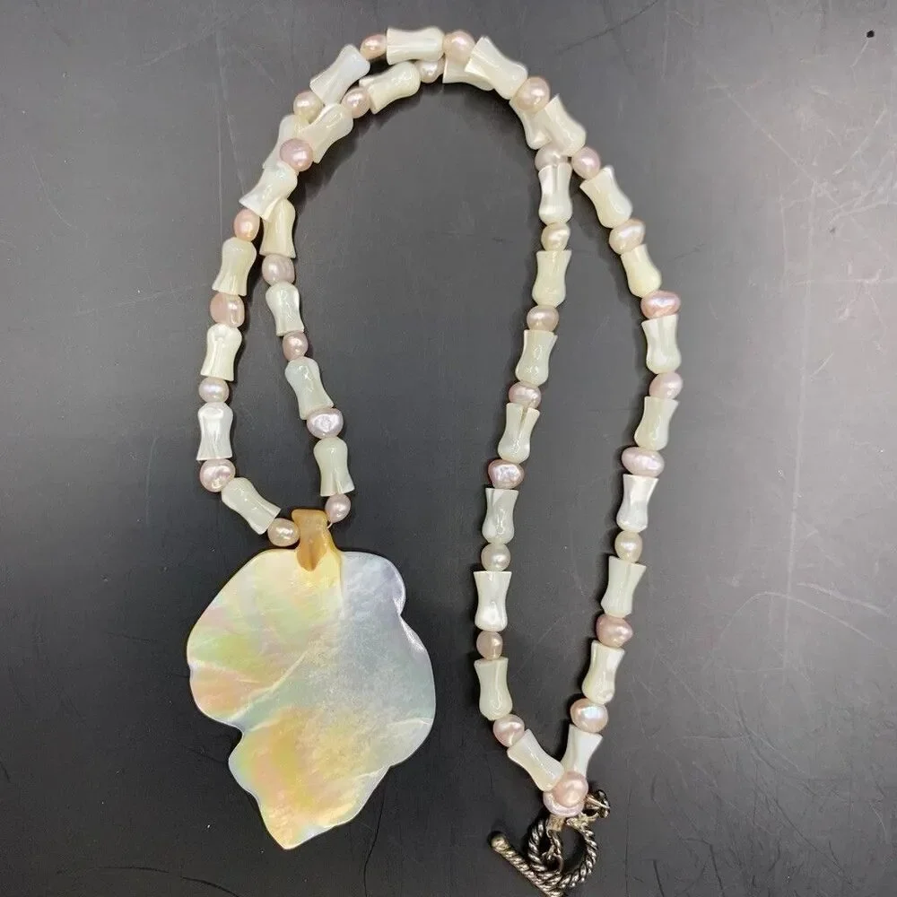 Vintage Artisan Mother of Pearl Leaf Necklace Beaded Toggle Clasp Retro White